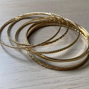 Textured bangle bracelets, gold toned, set of 6, thin metal, summer vibes